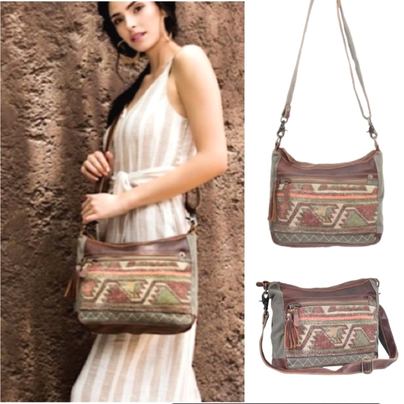 Nwt Myra Luana Leather & Upcycled Canvas Crossbody Bag Jacquard Boho-chic - Picture 11 of 11